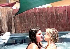 Hawt moist lesbo makeout session in the jacuzzi for neighbors to watch